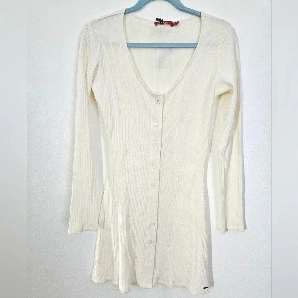 n:philanthropy Ribbed Button Front Long Sleeve Mini Dress Cream Size Small NWT‎